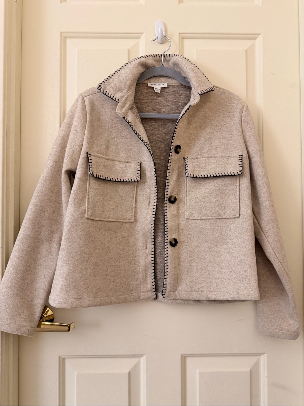 beachlunchlounge Beige Utility Jacket with Black Whipstitch Trim